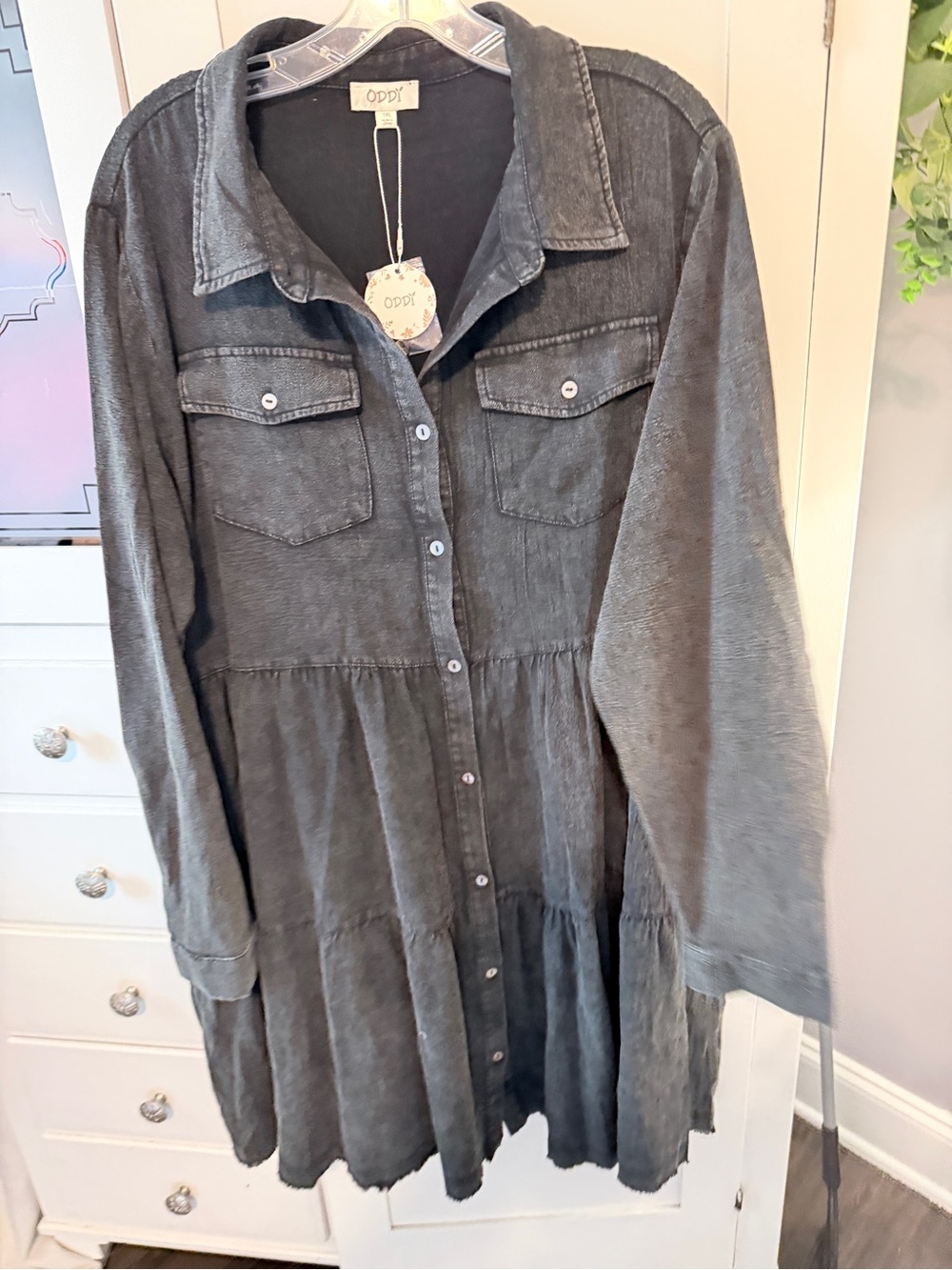 ODDY Washed Charcoal Button-Front Tiered Midi Dress - Picture 3 of 10